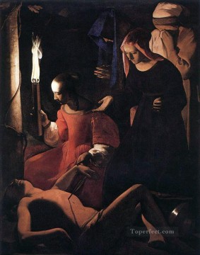 rene descartes Painting - St Sebastien Attended by St Irene candlelight Georges de La Tour